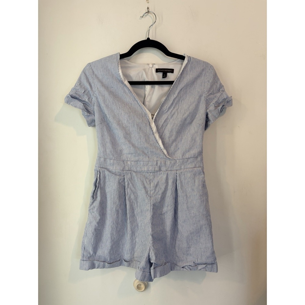 J Crew V Neck Romper Blue Striped Size 4 Linen Blend‎ Pockets